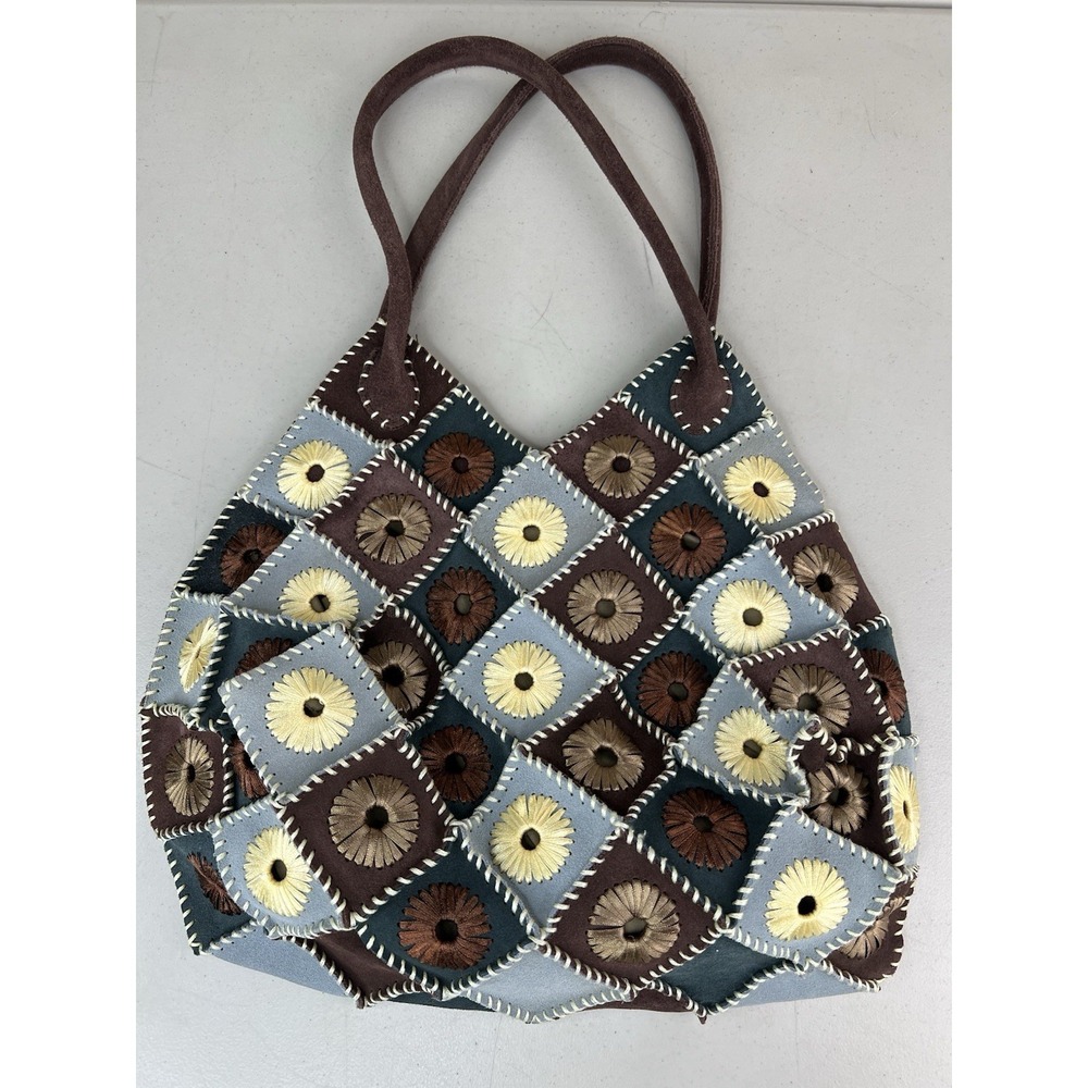 Suede Patchwork Flower Shoulder Tote Bag Handmade Boho Granny Square